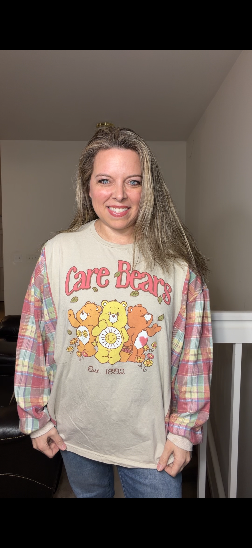 Upcycled Carebears - women's 1X T-shirt with flannel sleeves