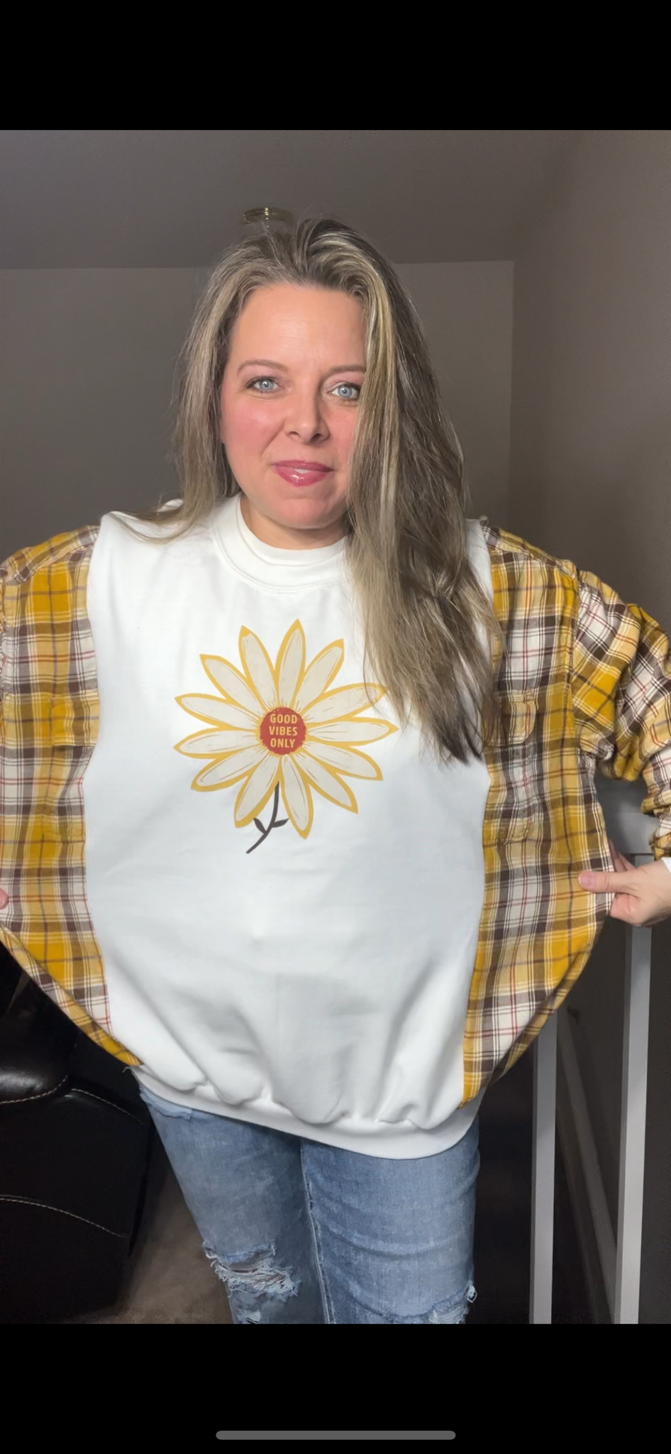 Upcycled Good Vibes - woman’s XL – midweight sweatshirt with flannel sleeves