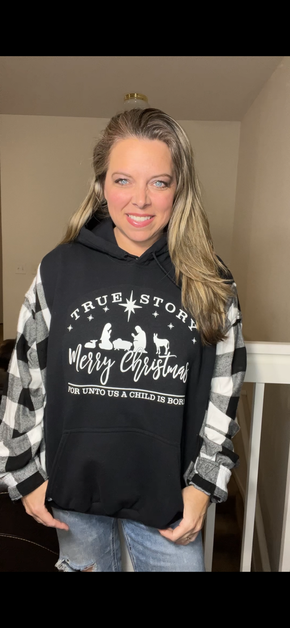 Upcycled True story – women’s 1X/2X midweight sweatshirt with flannel sleeves