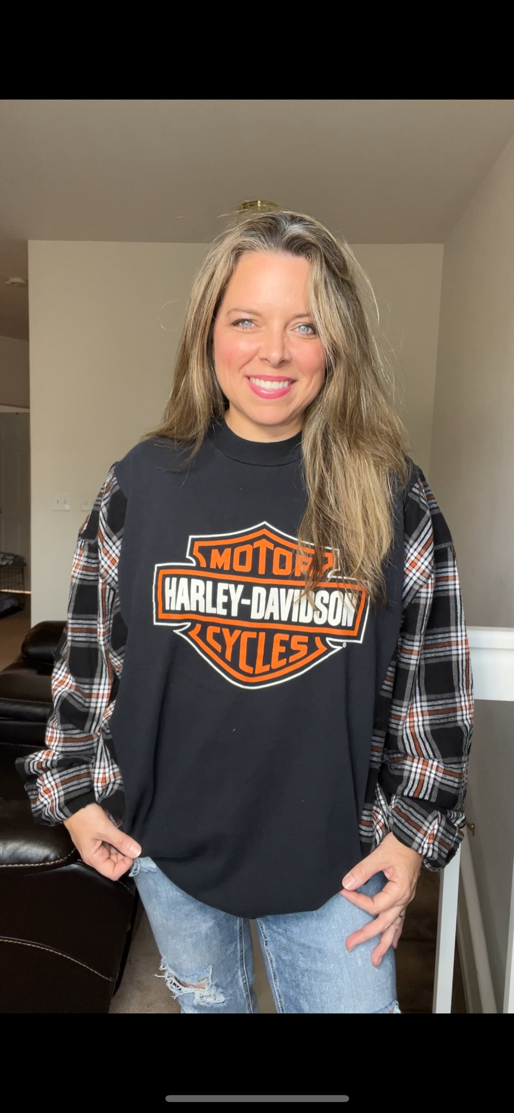 Upcycled Harley – women’s 2X – T-shirt with flannel sleeves￼