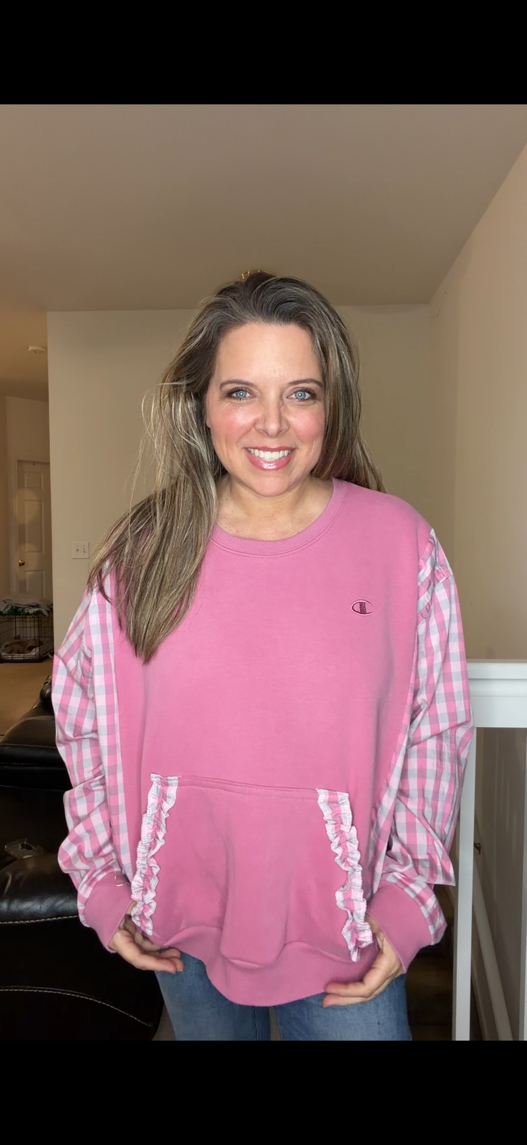 Upcycled Champions pink - women's XL midweight sweatshirt with cotton sleeves