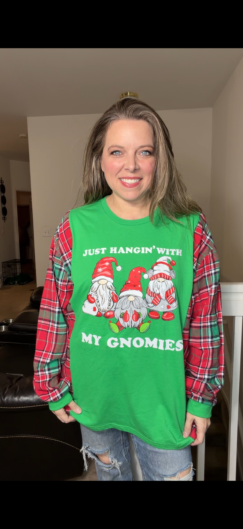 Upcycled Gnomies – women's 2X T-shirt with flannel sleeves