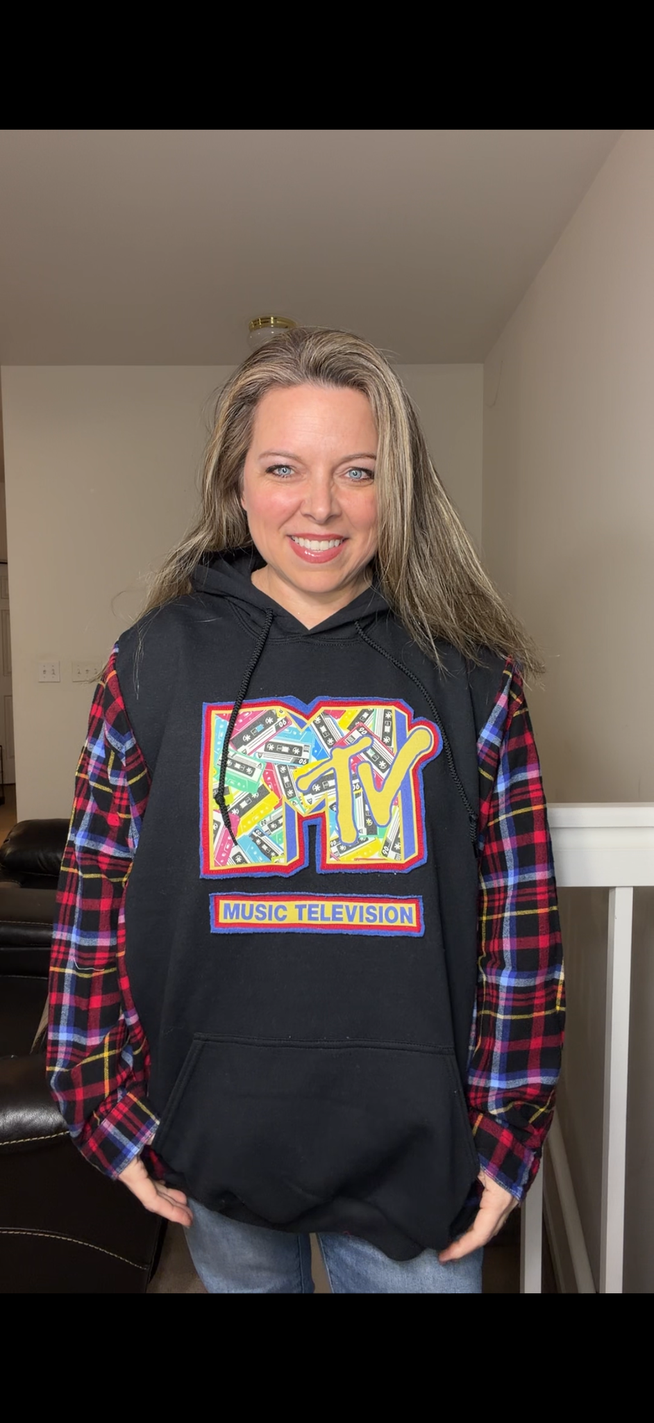 Upcycled MTV - women's 3X/4X midweight sweatshirt with flannel sleeves