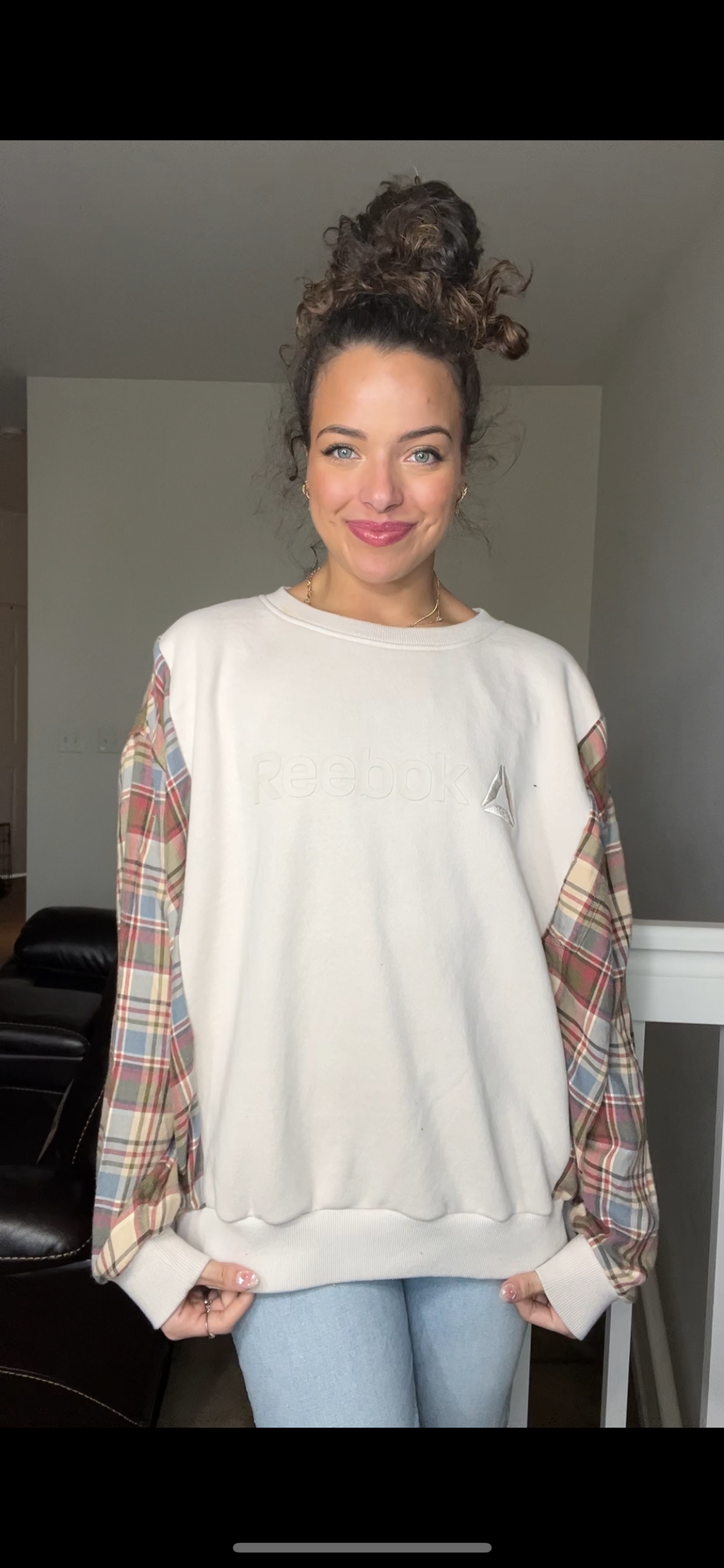 Upcycled Reebok – women’s 1X/2X – midweight sweatshirt with flannel sleeves ￼