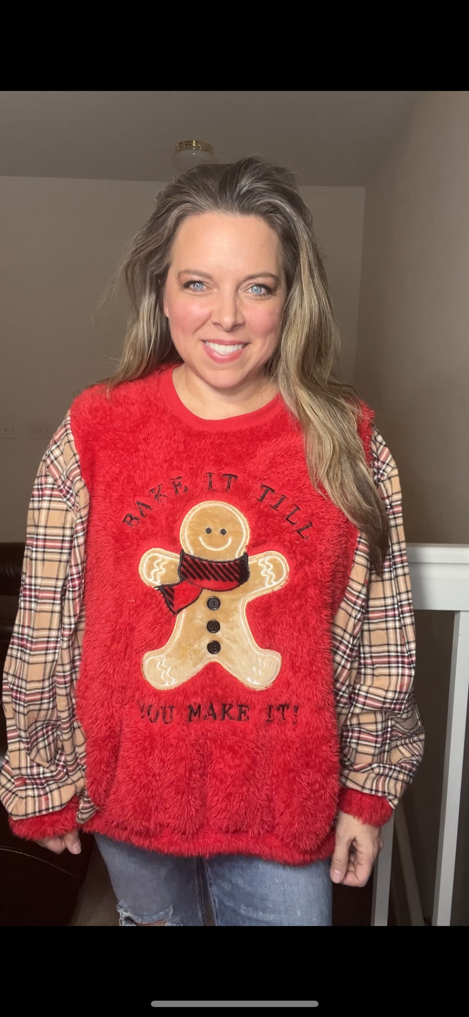 Upcycled Bake it – women’s large – fuzzy sweatshirt with flannel sleeves