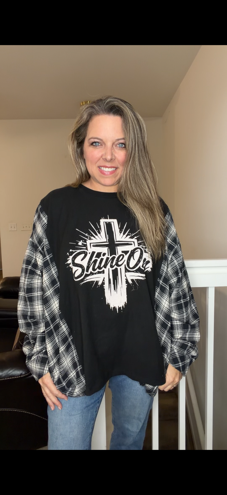 Upcycled Shine On - women's 2X T-shirt with flannel sleeves