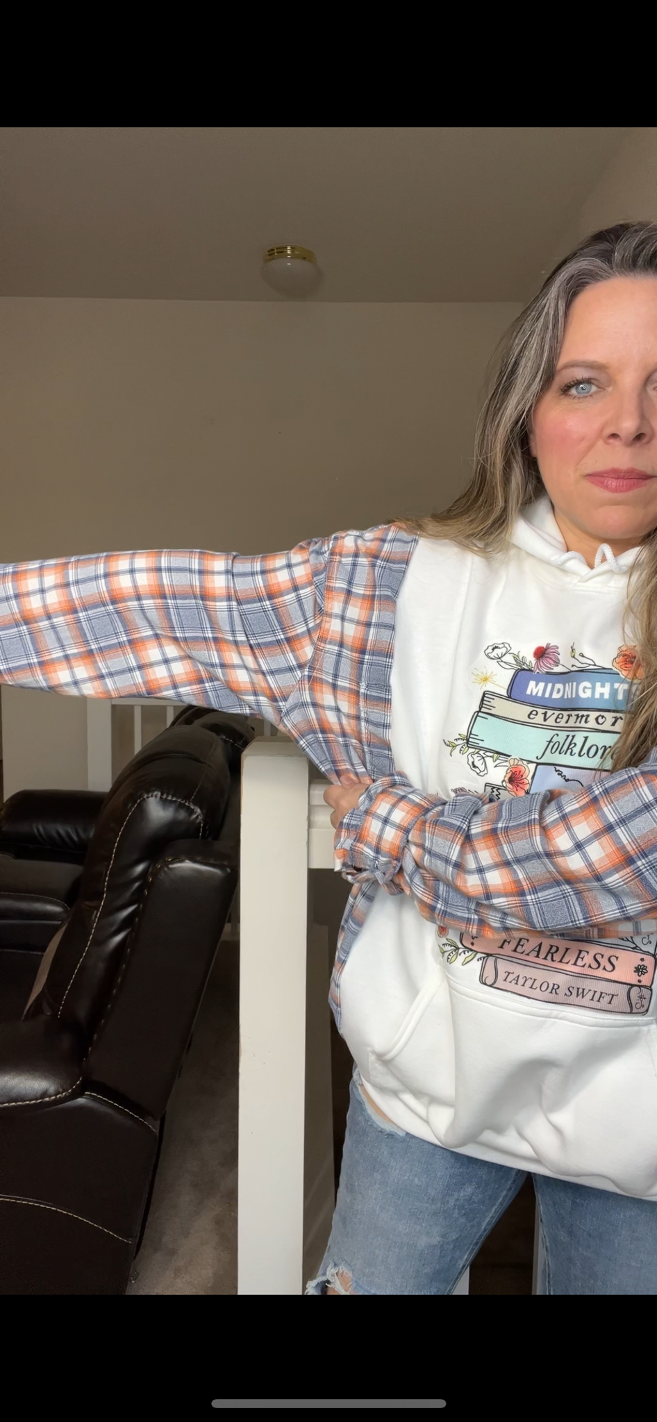 Upcycled Taylor Swift – women’s 3X midweight sweatshirt with flannel sleeves