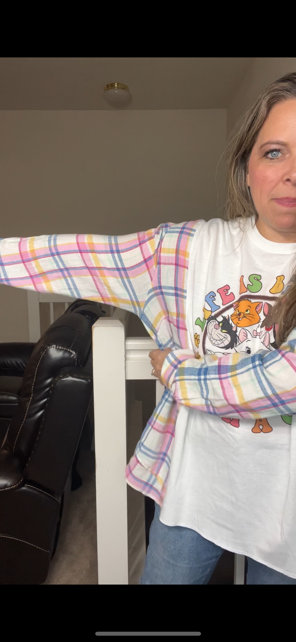 Upcycled Cats – women’s 2X/3X T-shirt with flannel sleeves