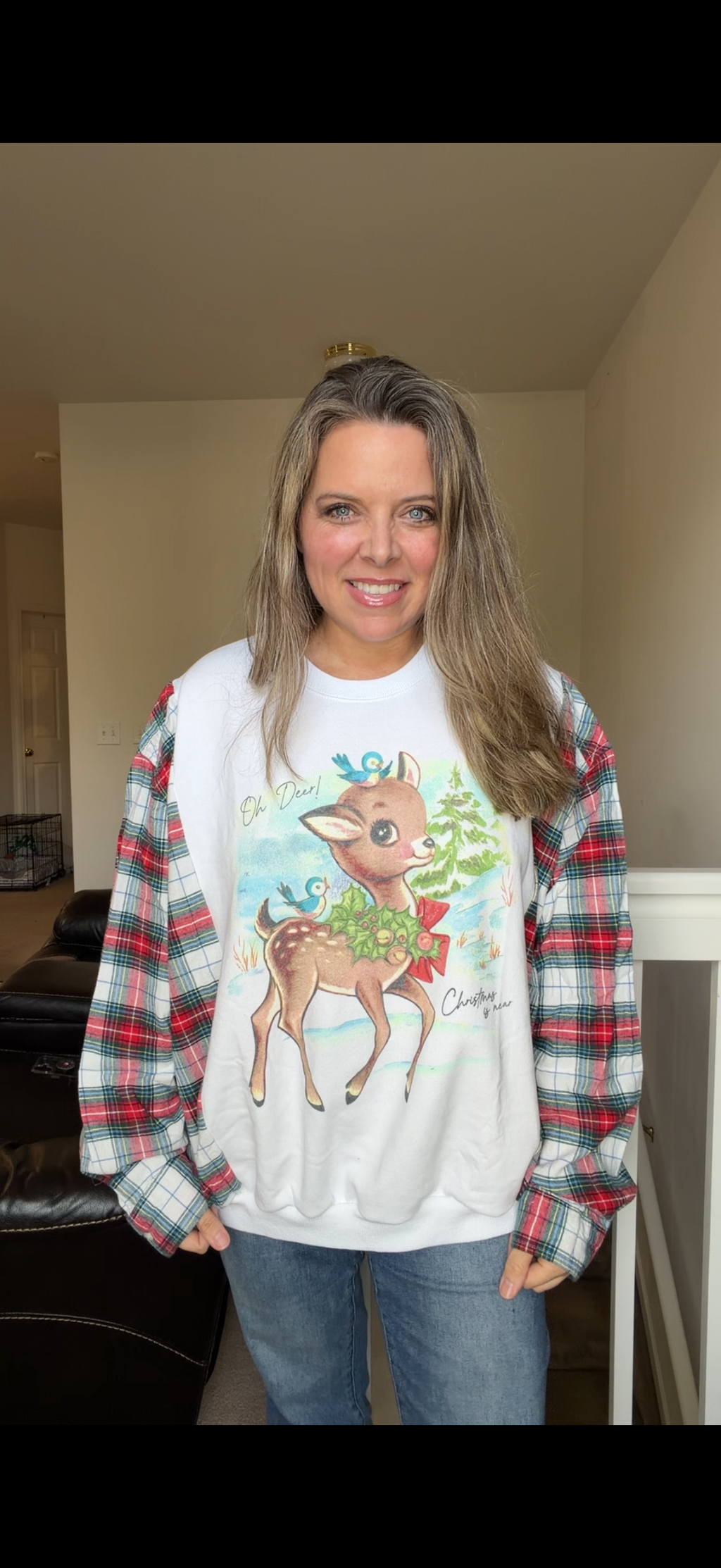 Upcycled Oh Deer - women's XL midweight sweatshirt with flannel sleeves - can be resized to sizes Sm-5X