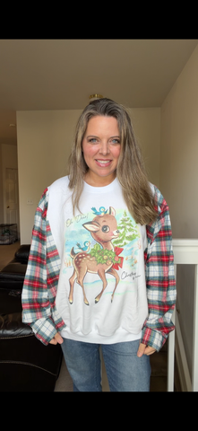 Upcycled Oh Deer - women's XL midweight sweatshirt with flannel sleeves - can be resized to sizes Sm-5X