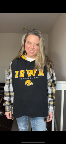 Upcycled Hawkeyes - Women’s large Dash thick sweatshirt with thick flannel sleeves – open bottom – band can be added￼