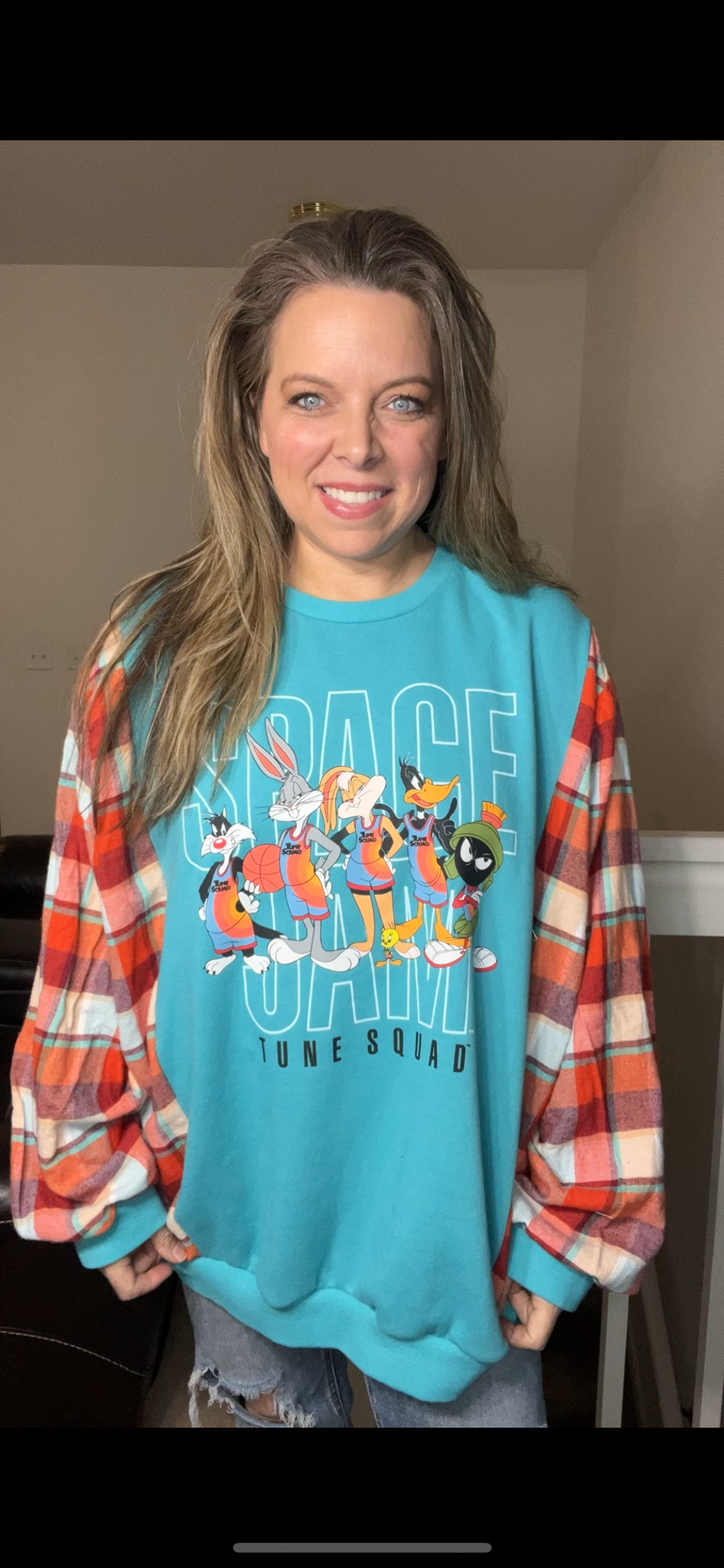 Upcycled Space jam – women’s 4X/5X midweight sweatshirt with flannel sleeves