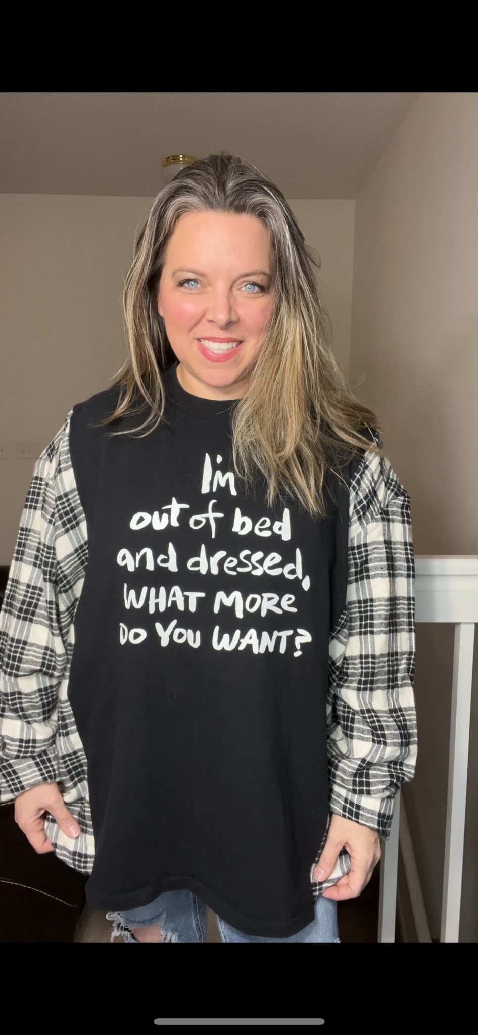 Upcycled Out of bed – women’s 4X T-shirt with flannel sleeves