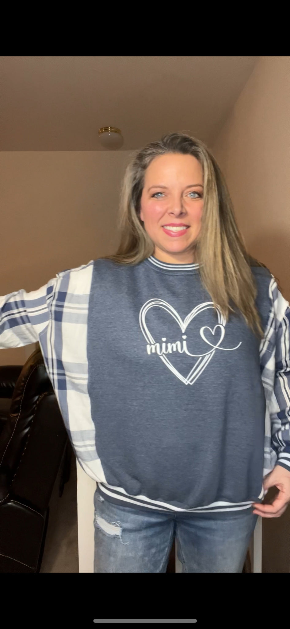 Upcycled MiMi - woman’s M/L – midweight sweatshirt with flannel sleeves ￼￼
