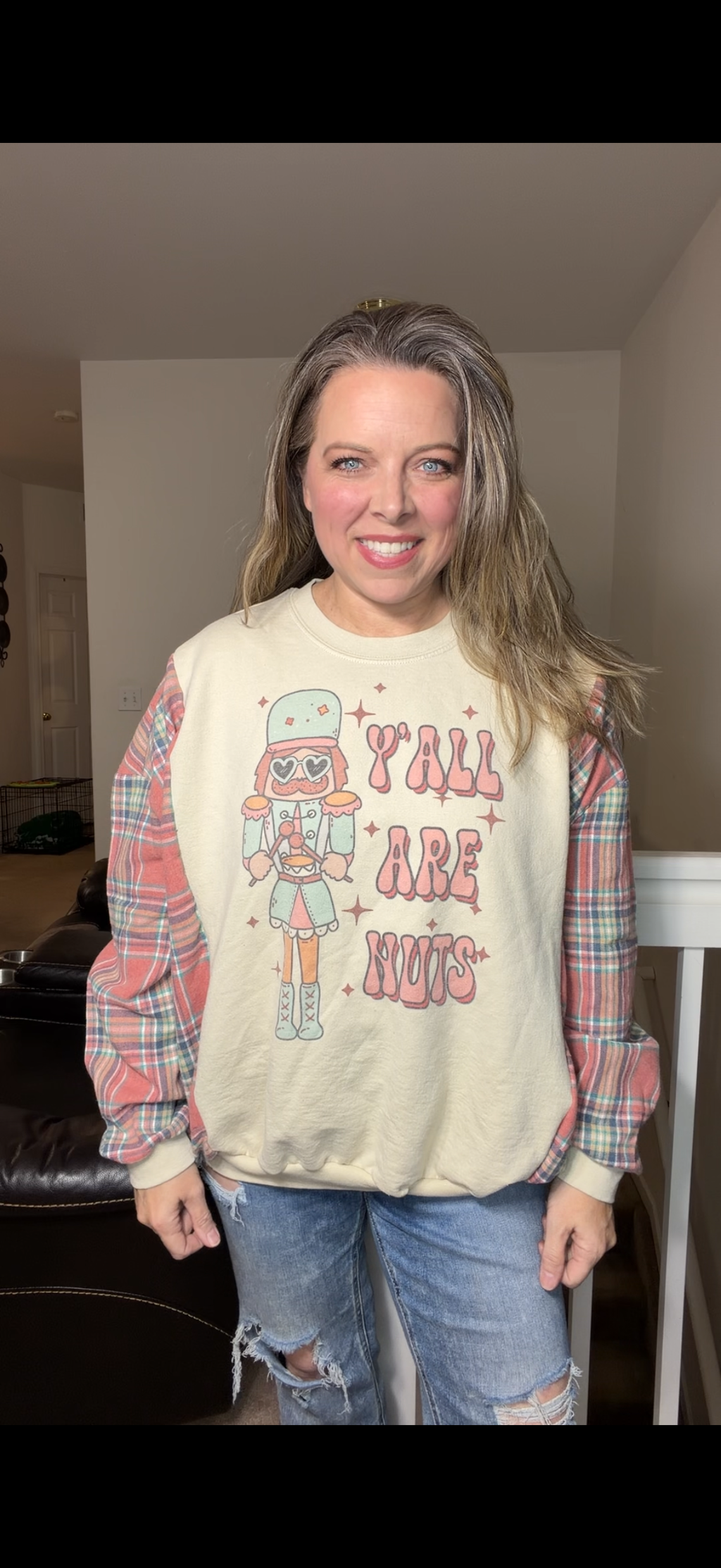 Upcycled Nuts – women's medium/large midweight sweatshirt with flannel sleeves