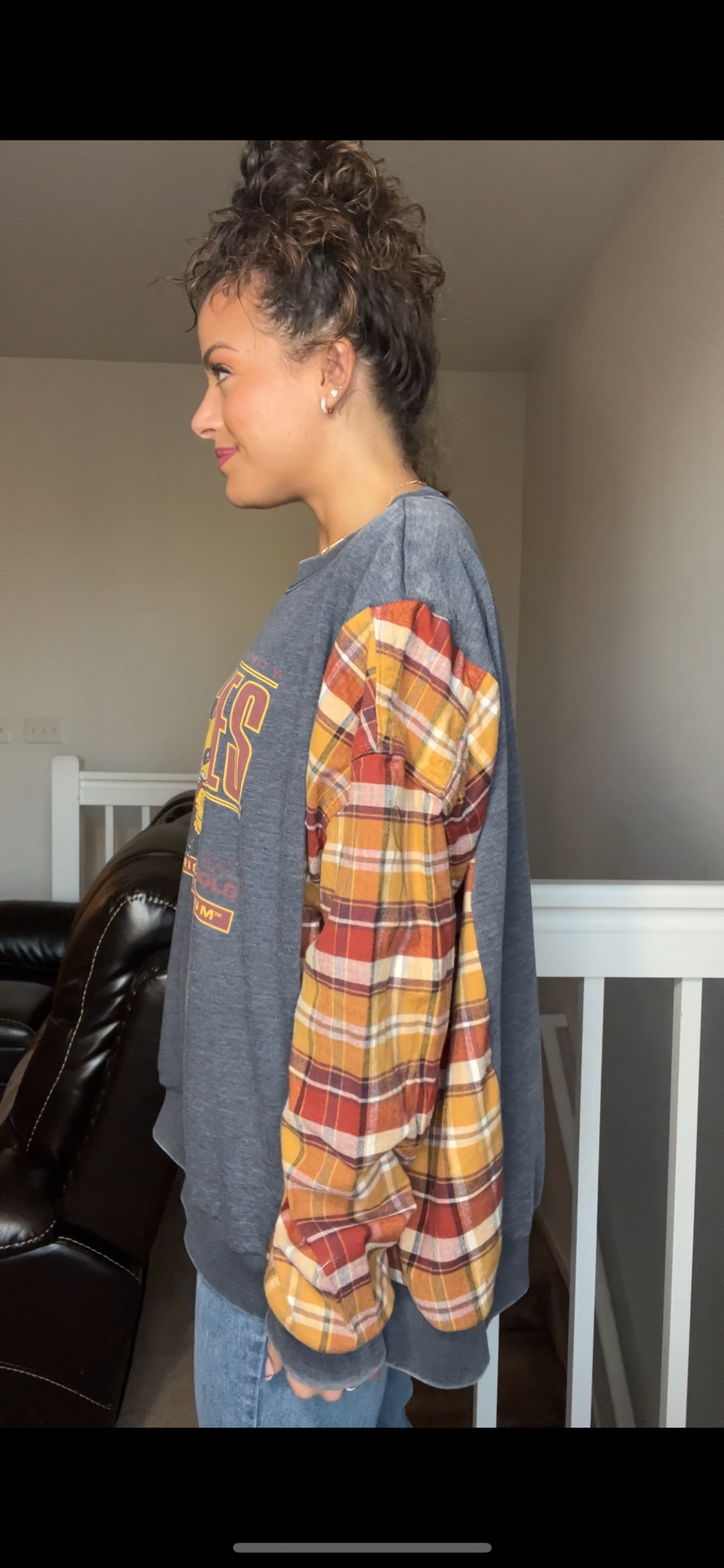 Upcycled Cyclones – women’s 1X/2X – thin French terry sweatshirt with flannel sleeves￼