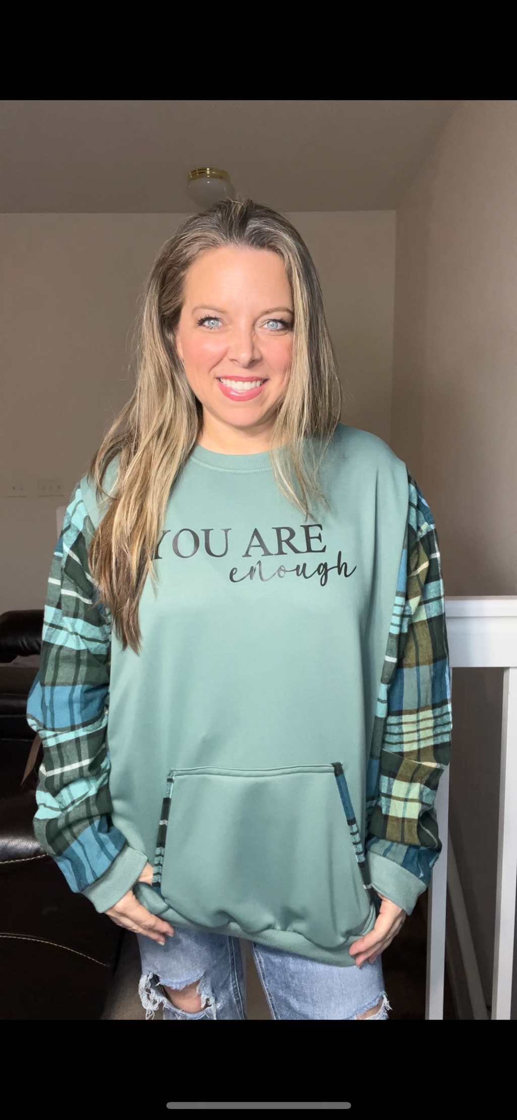 Upcycled Enough – women’s 3X/4X French terry sweatshirt with flannel sleeves