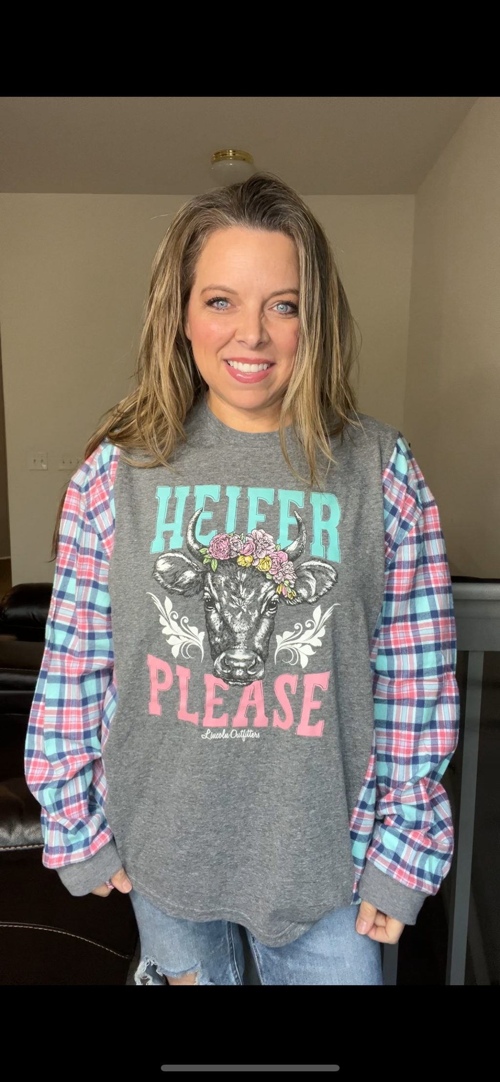 Upcycled Heifer please – women’s XL T-shirt with flannel sleeves