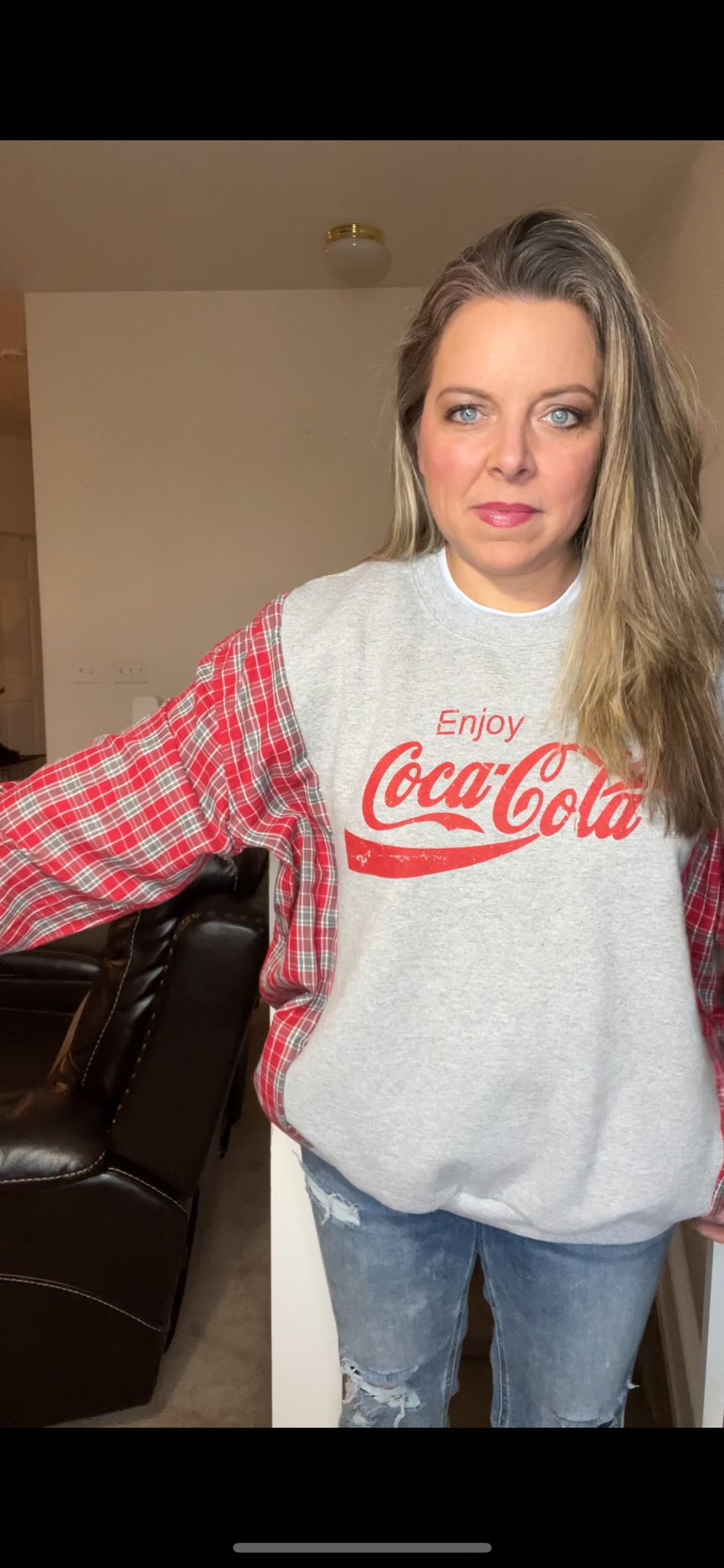 Upcycled Coca Cola - Women’s 1X – midweight sweatshirt with flannel sleeves￼