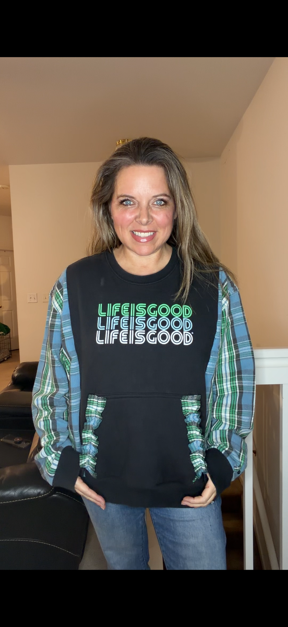 Upcycled Life Is Good - women's large midweight sweatshirt with thick flannel sleeves