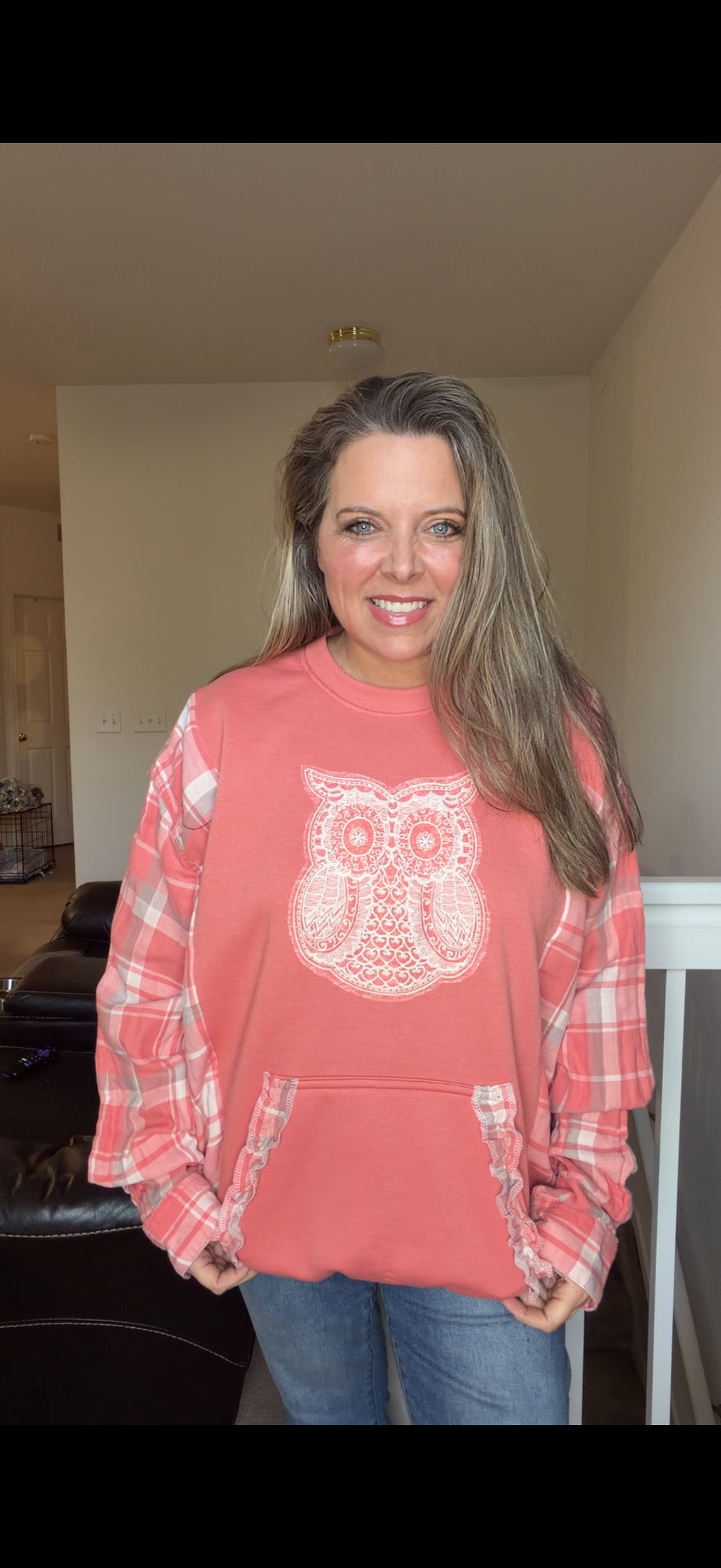 Upcycled Owl - women's 1X midweight sweatshirt with flannel sleeves