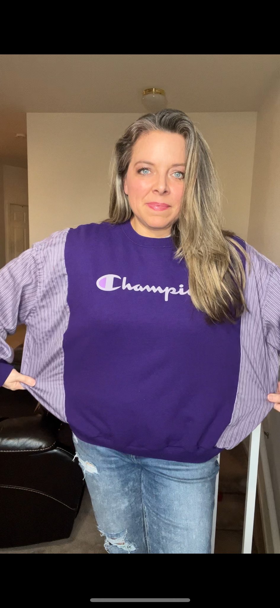 Upcycled Champion Purple – women’s medium – midweight sweatshirt with soft cotton sleeves