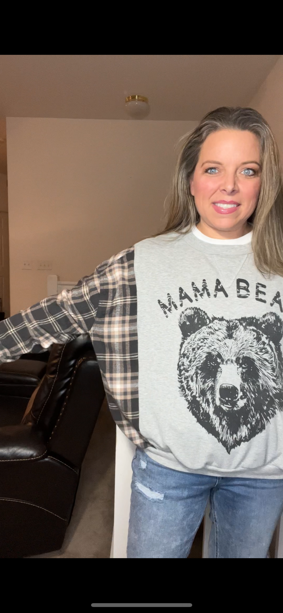 Upcycled Mama Bear – women’s medium – thin French terry sweatshirt with flannel sleeves￼