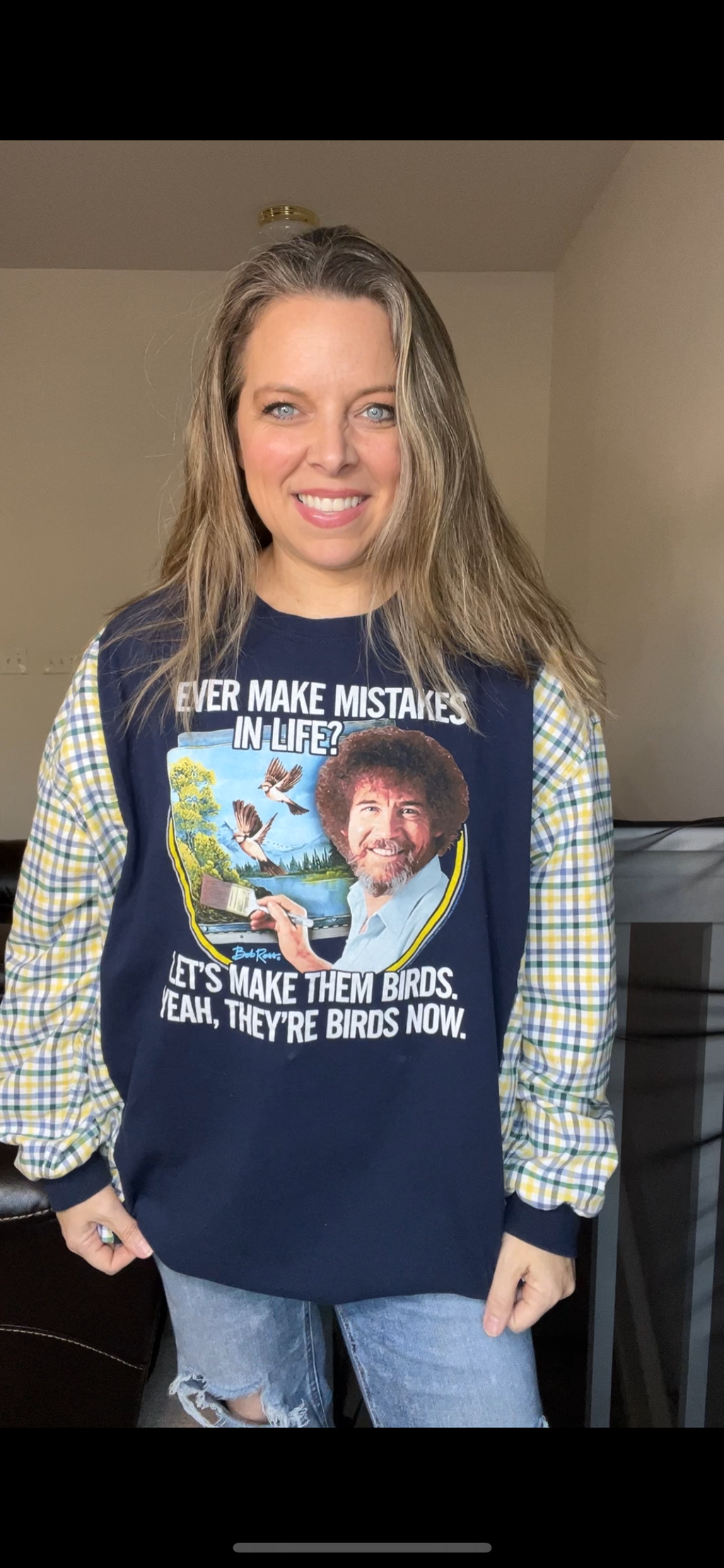 Upcycled Bob Ross – women’s 2X T-shirt with cotton sleeves ￼
