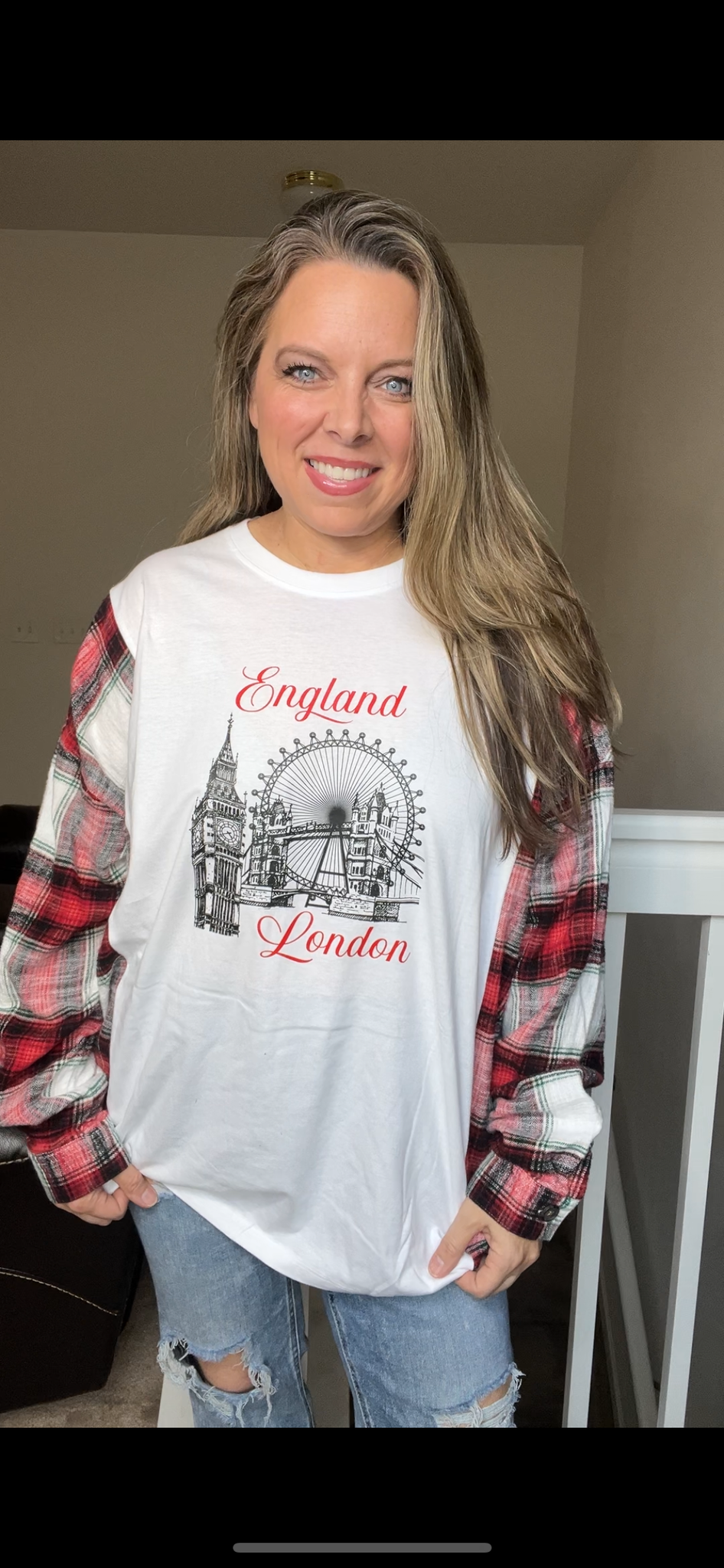 Upcycled London - womans 3X/4X tshirt with flannel sleeves