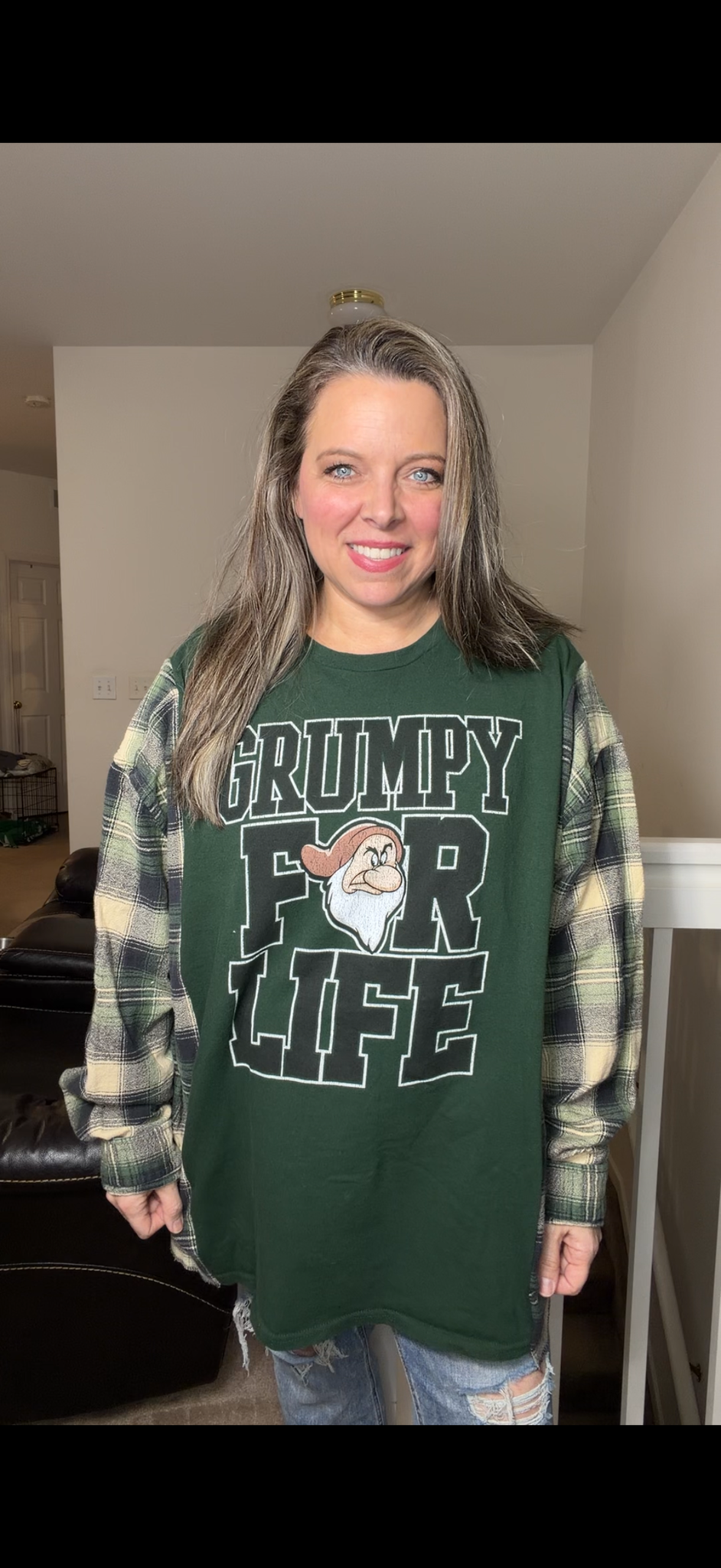 Upcycled Grumpy – women's 3X T-shirt with flannel sleeves