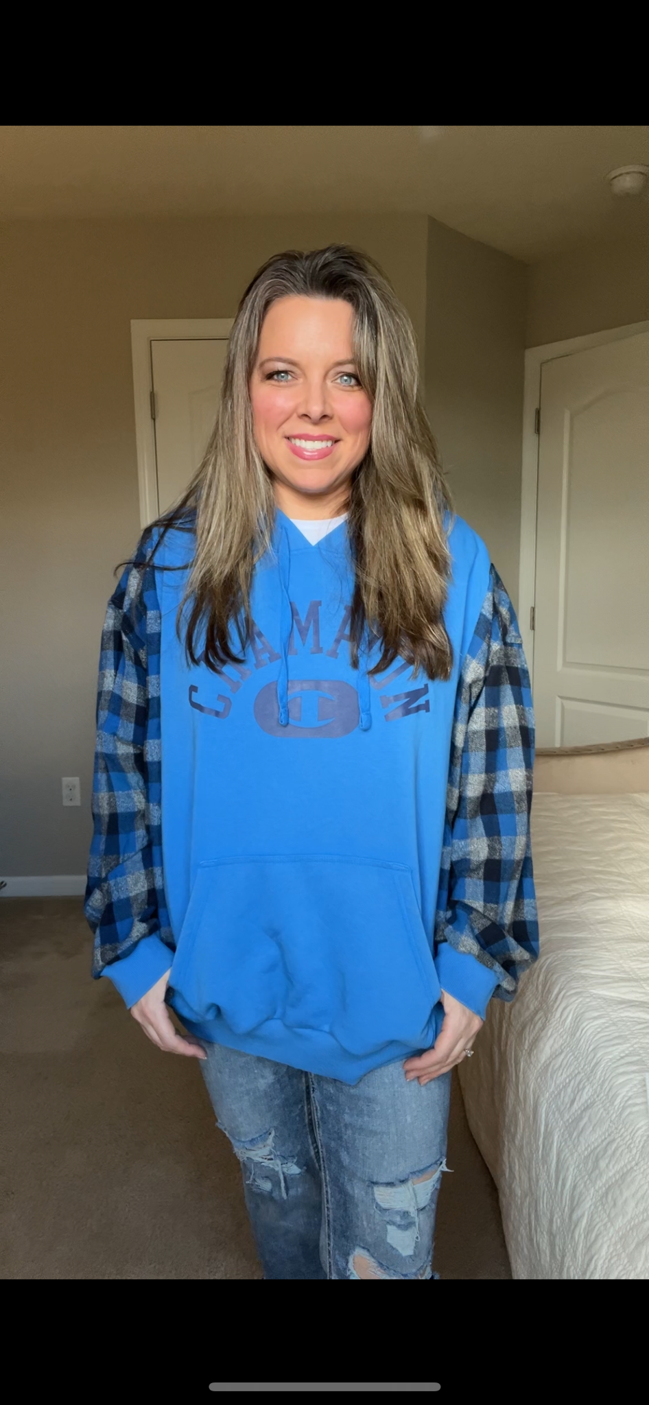 Upcycled Blue Champion - women’s XL/1X – midweight sweatshirt with flannel sleeves