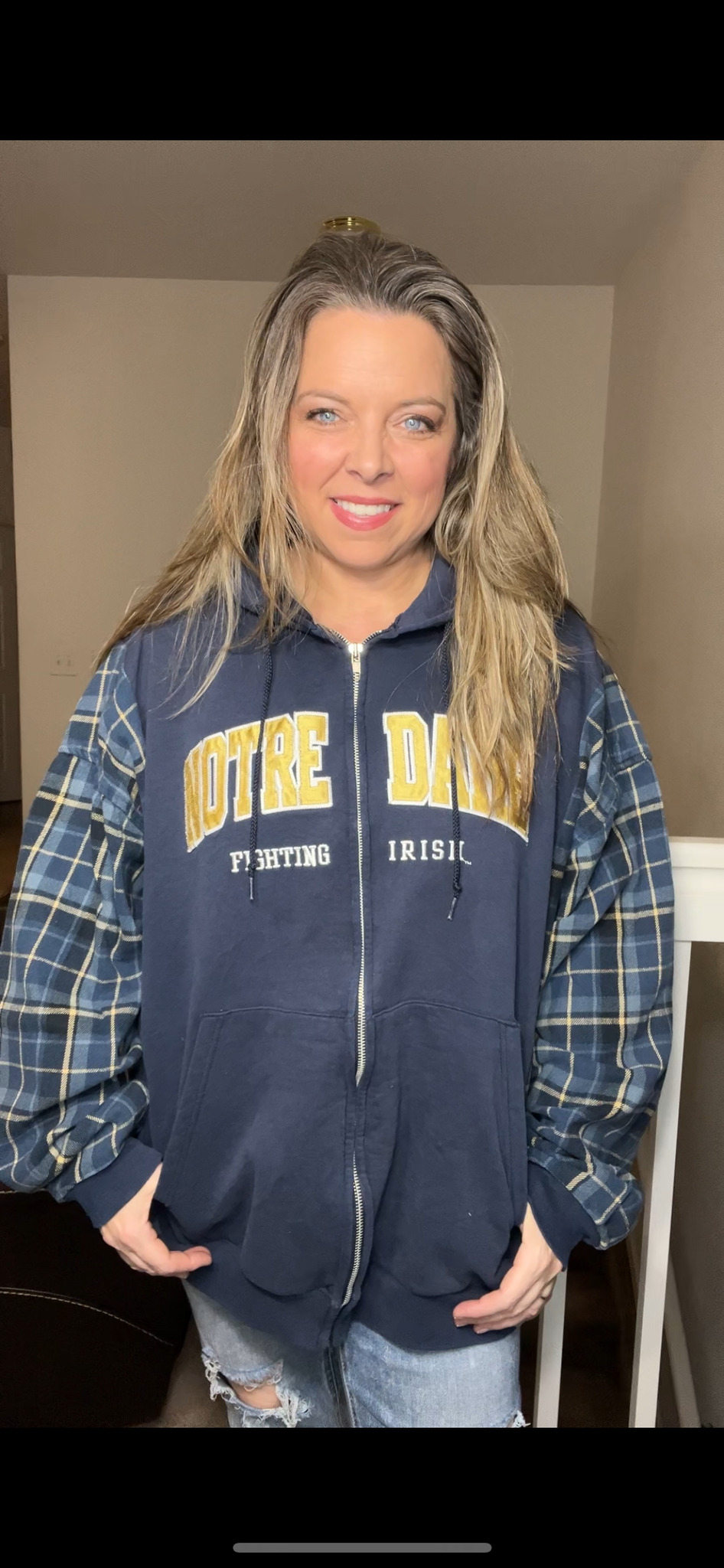 Upcycled Notre Dame – women’s 4X – heavy zip up with thick flannel sleeves