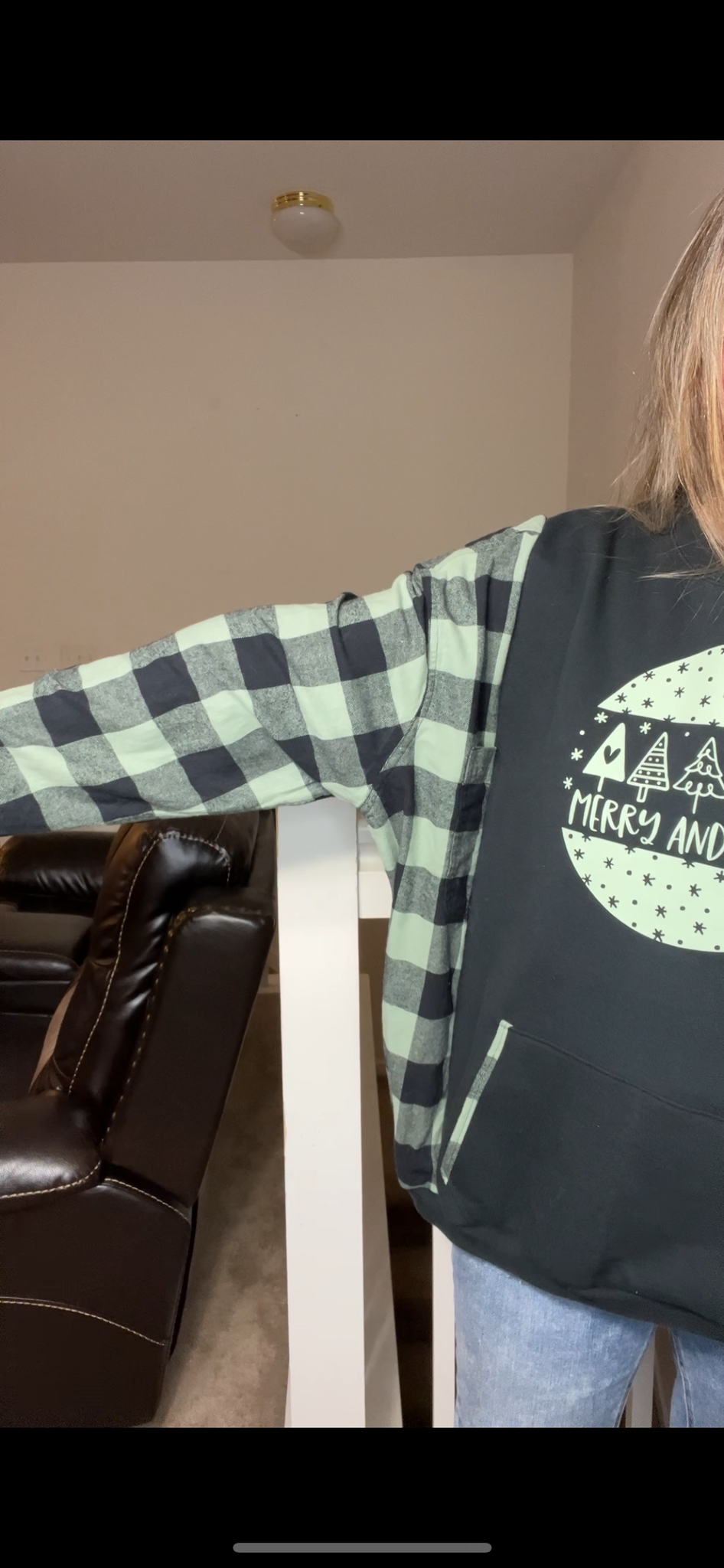 Upcycled Merry and Bright – women’s 1X/2X – midweight sweatshirt with flannel sleeves