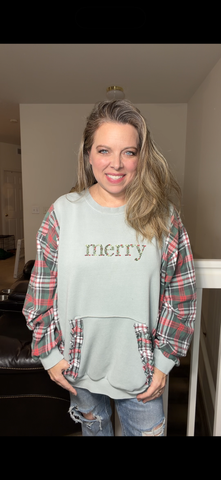 Upcycled Merry – women's 2X/3X midweight sweatshirt with flannel sleeves ￼