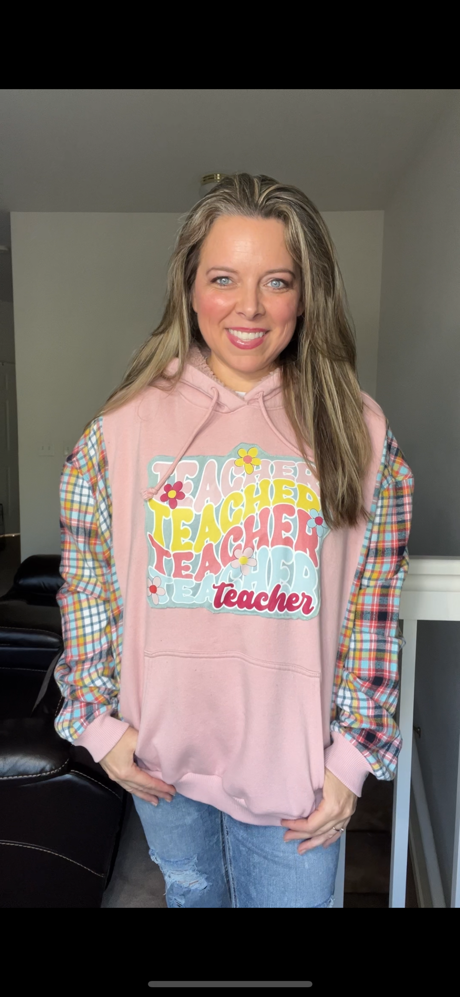 Upcycled Teacher – women’s one X – midweight sweatshirt with flannel sleeves ￼