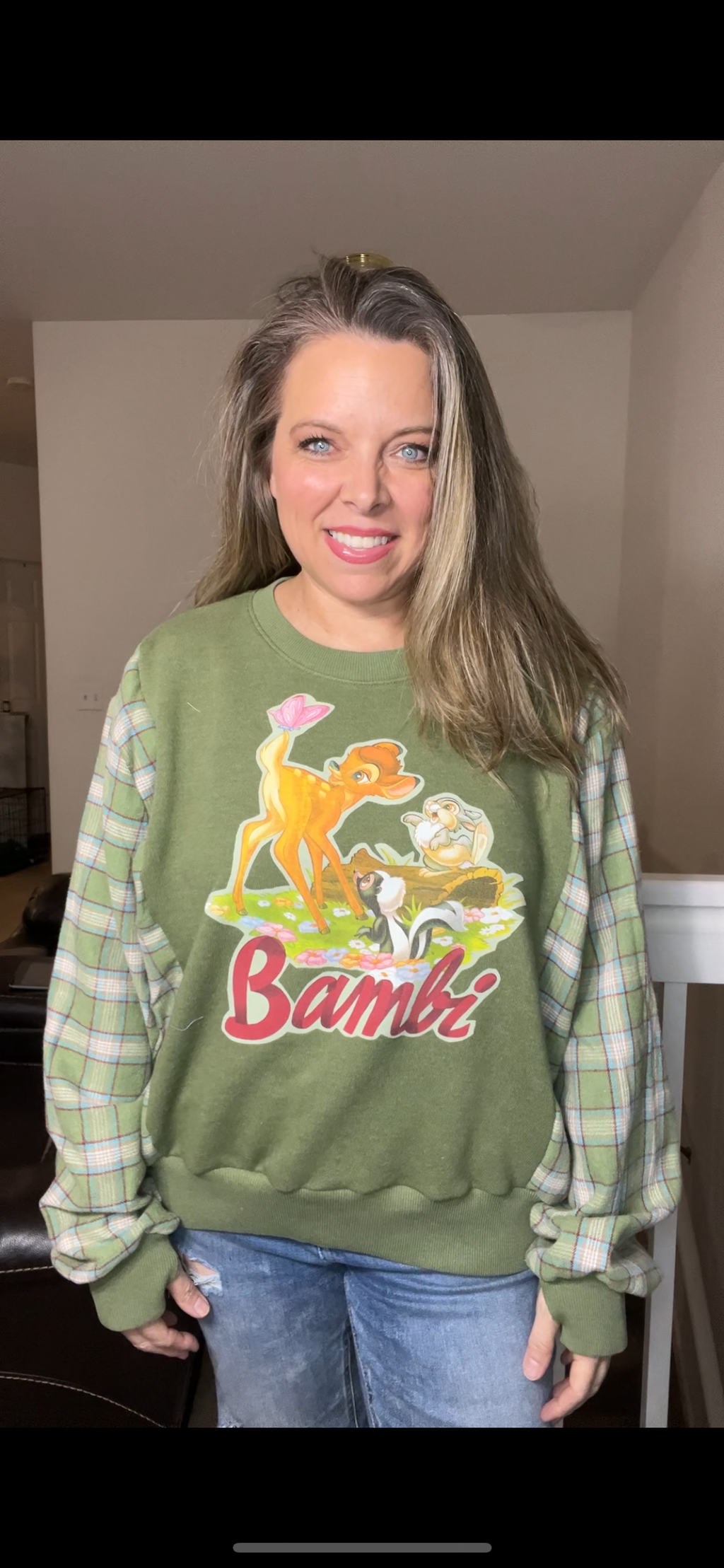 Upcycled Bambi – women’s medium/large French terry sweatshirt with flannel sleeves