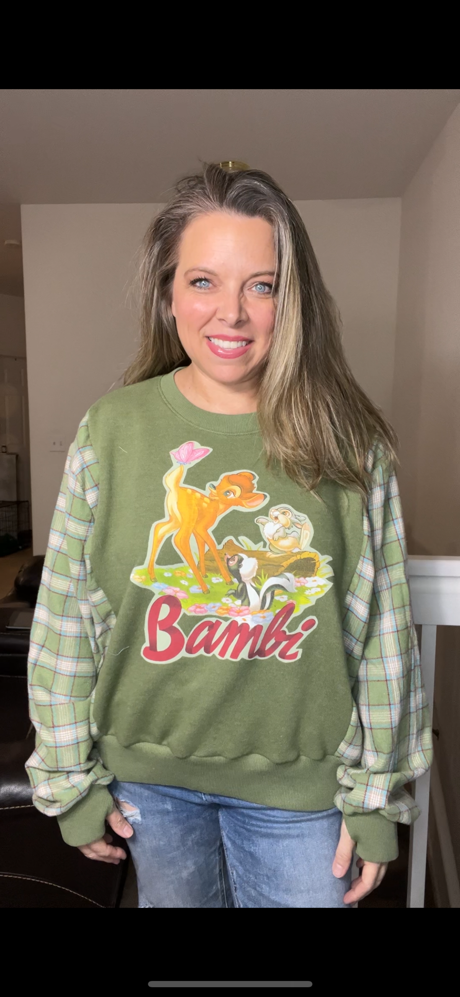 Upcycled Bambi – women’s medium/large French terry sweatshirt with flannel sleeves