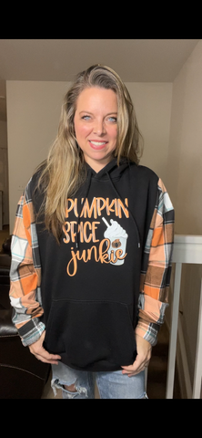 Upcycled Pumpkin spice – women’s 2X midweight sweatshirt with flannel sleeves