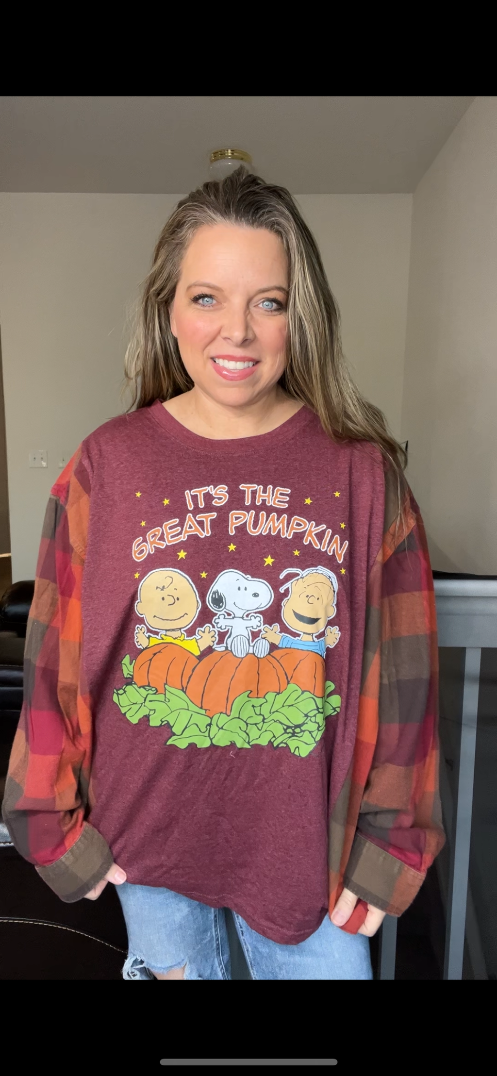 Upcycled Charlie pumpkin – women’s 3X T-shirt with flannel sleeves