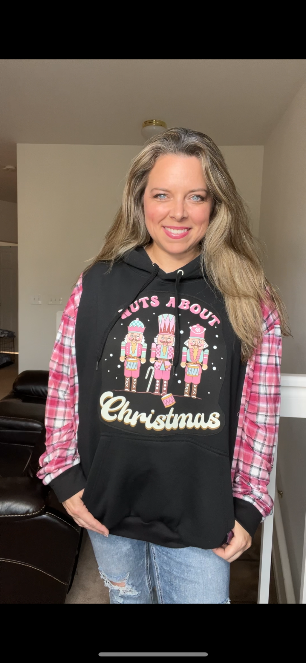 Upcycled Nutcracker – women’s 1X – soft heavy sweatshirt with flannel sleeves