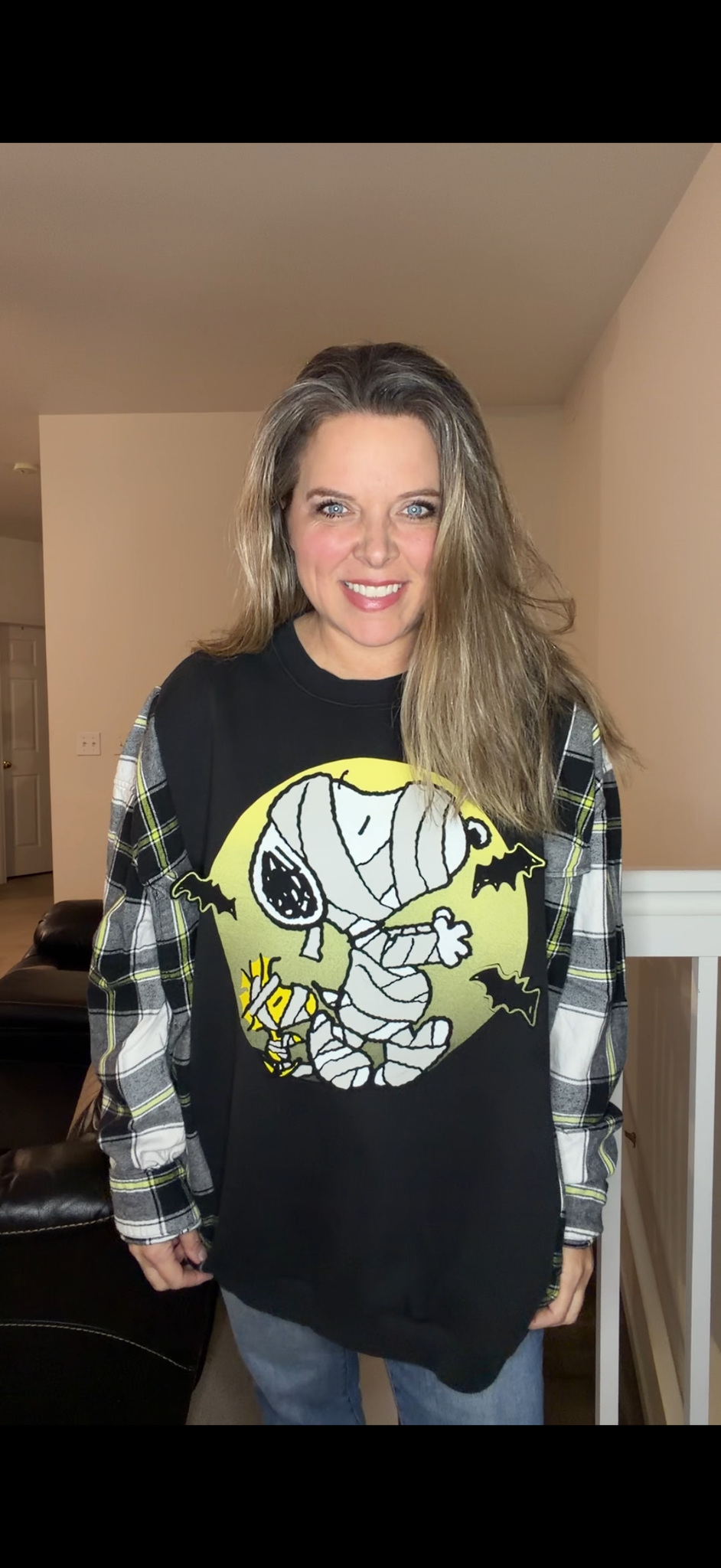 Upcycled Snoopy - women's 2X/3X midweight sweatshirt with flannel sleeves ￼