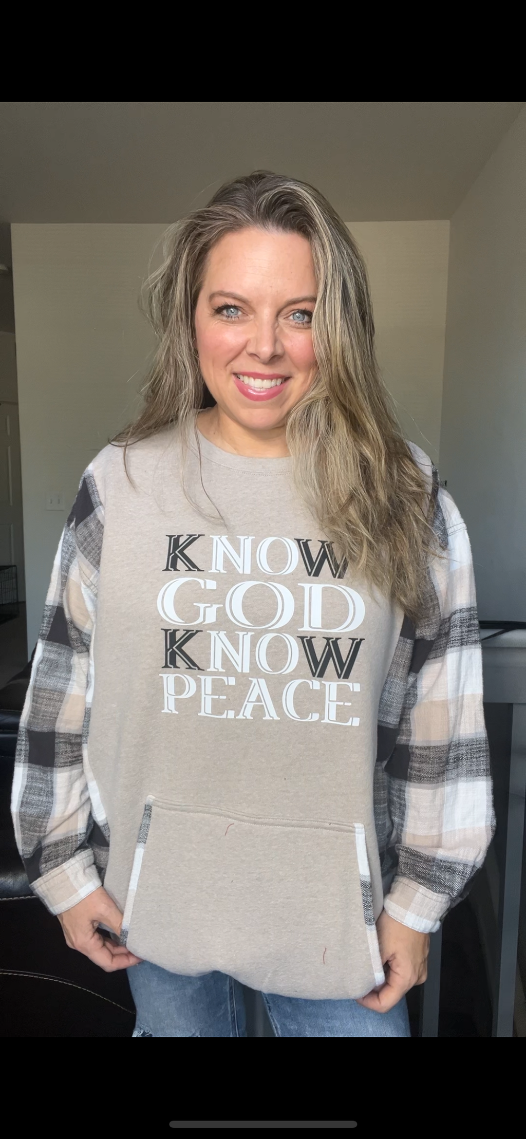 Upcycled Know God – women’s 2X long midweight sweatshirt with flannel sleeves