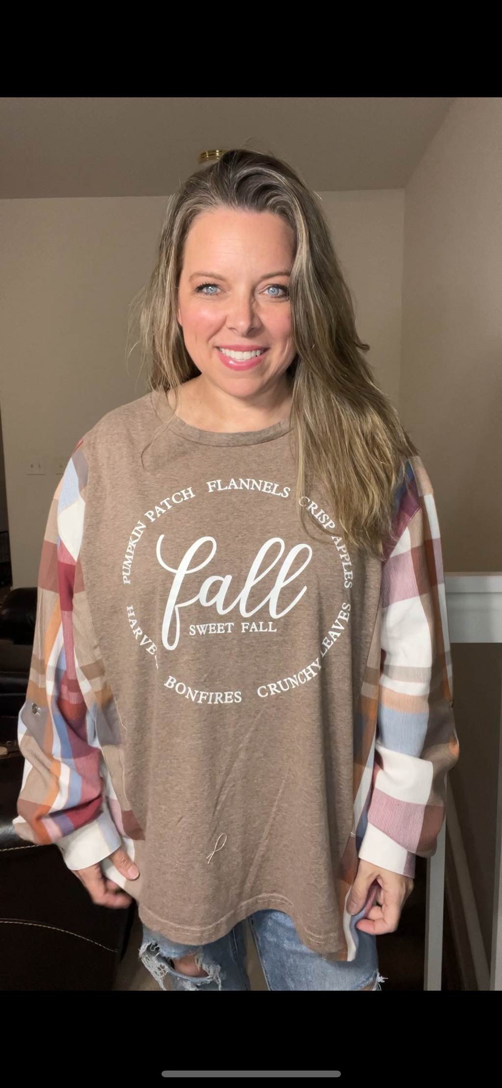 Upcycled Fall – women’s 3X/4X T-shirt with flannel sleeves