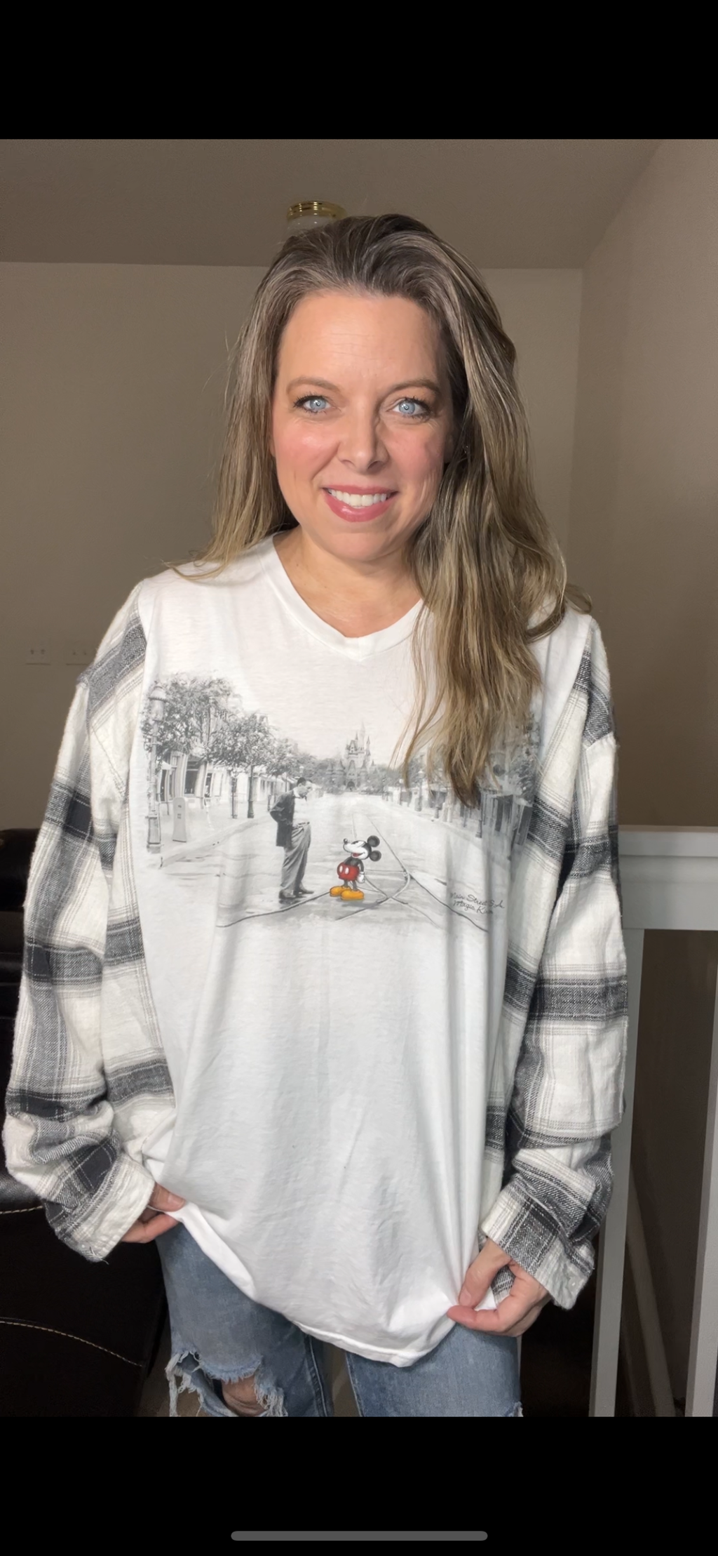 Upcycled Walt Disney - women’s 4X T-shirt with distressed flannel sleeves