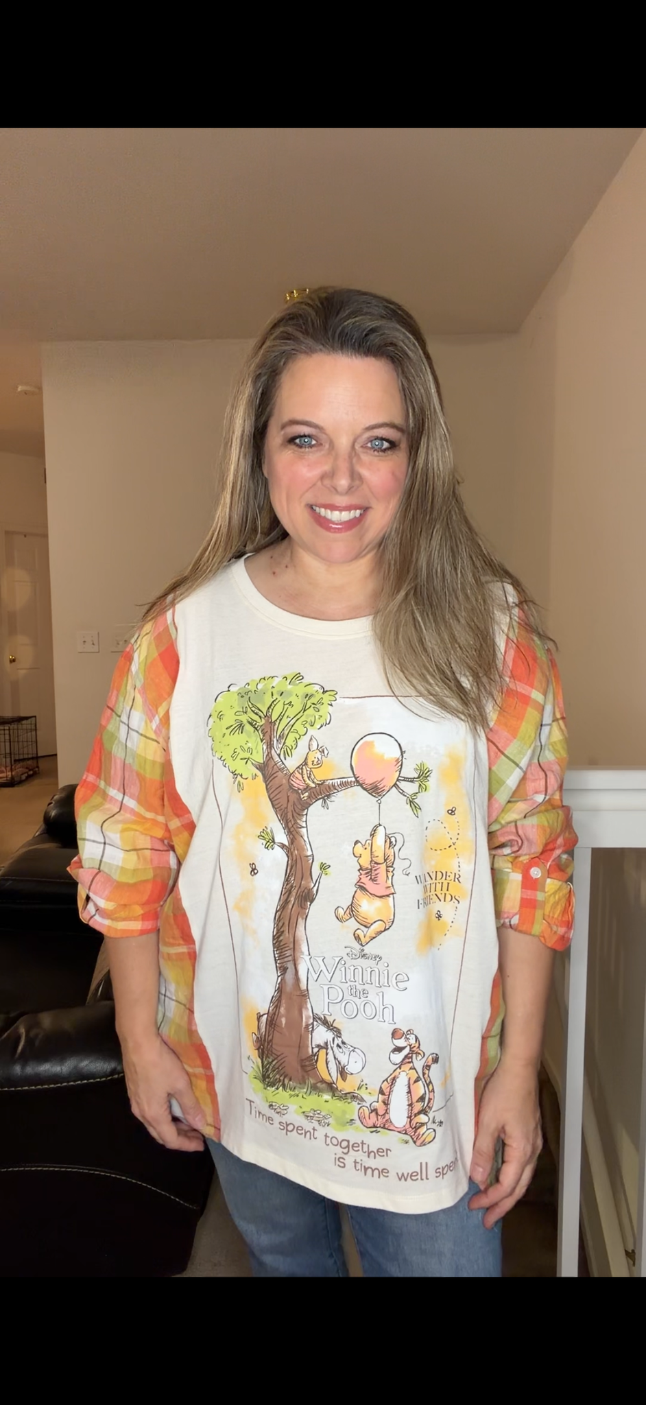 Upcycled Pooh - women's 2X thin T-shirt with textured sleeves ￼