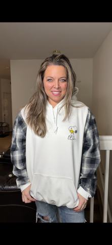 Upcycled Snoopy – women's 3X/4X midweight sweatshirt with flannel sleeves