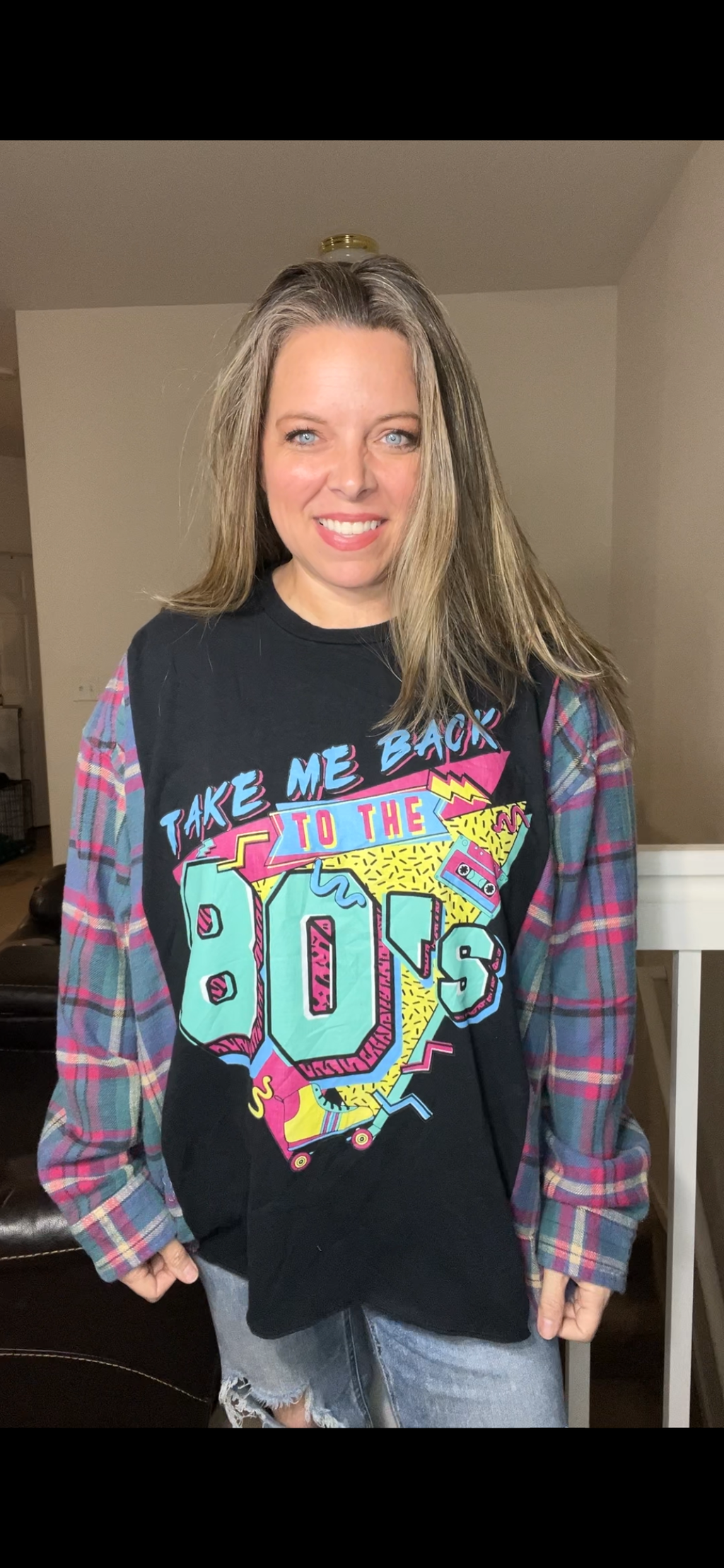 Upcycled 80s – women’s 2X/3X T-shirt with flannel sleeves