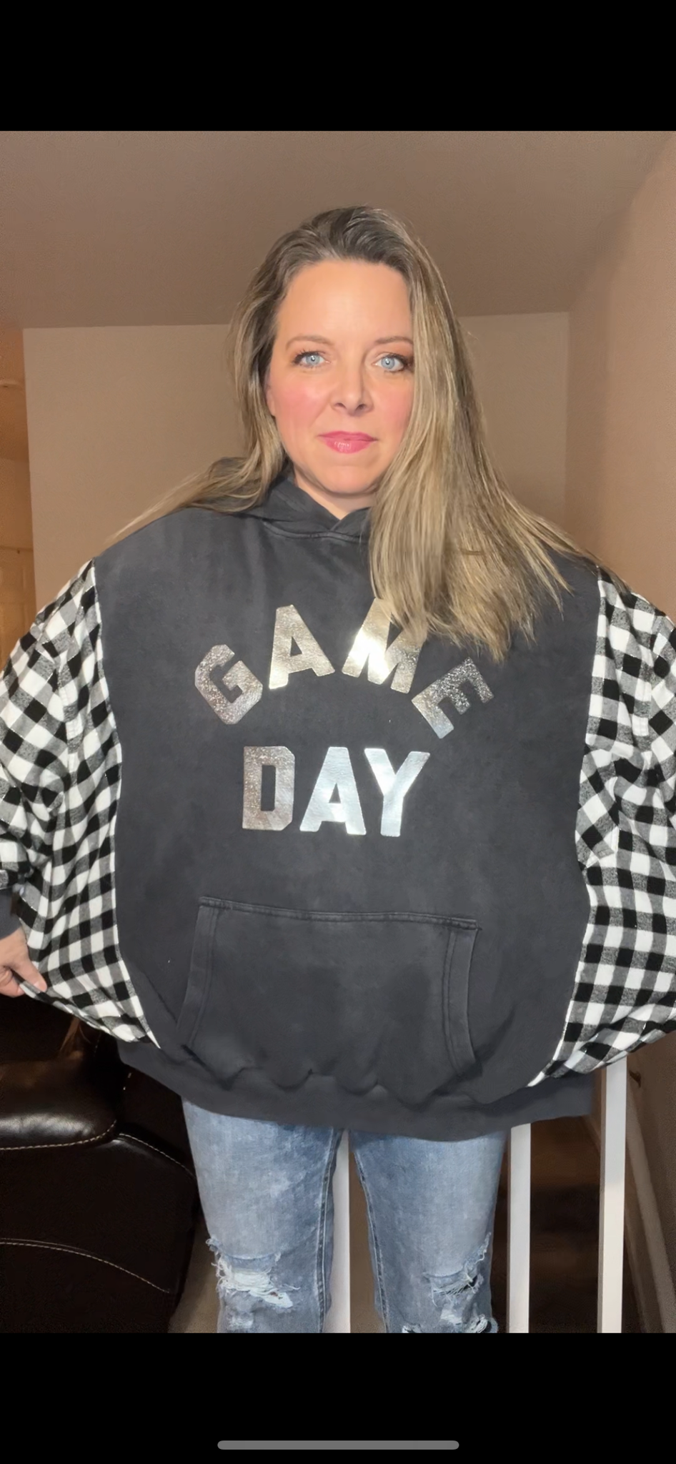 Upcycled Game Day – women’s 2X – midweight sweatshirt with glitter flannel sleeves