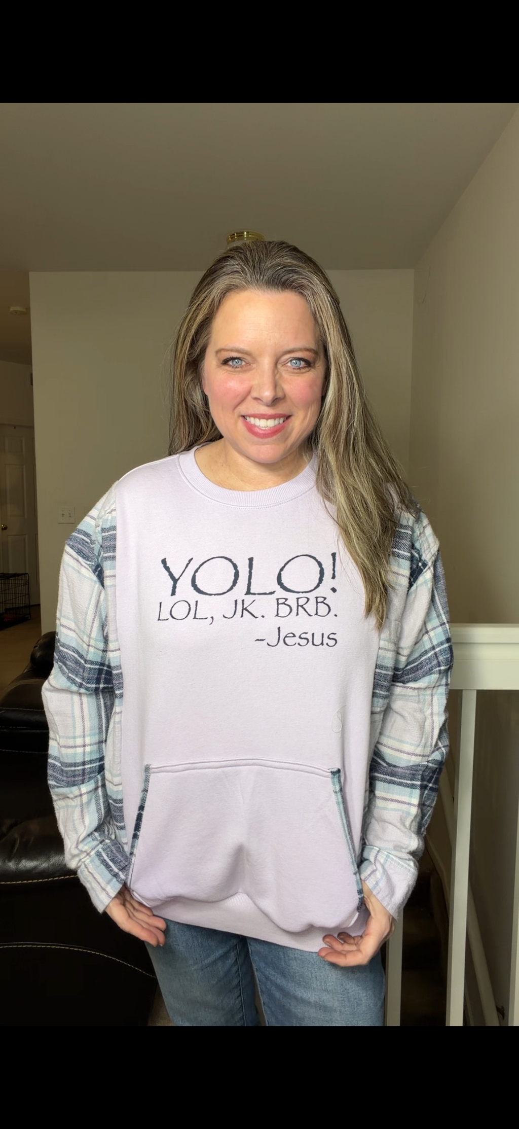 Upcycled YOLO - women's large midweight sweatshirt with flannel sleeves – sleeves more fitted