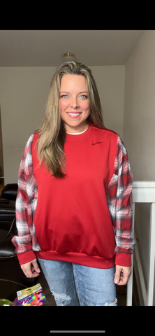 Upcycled Nike Red – women’s large – midweight sweatshirt with flannel sleeves￼